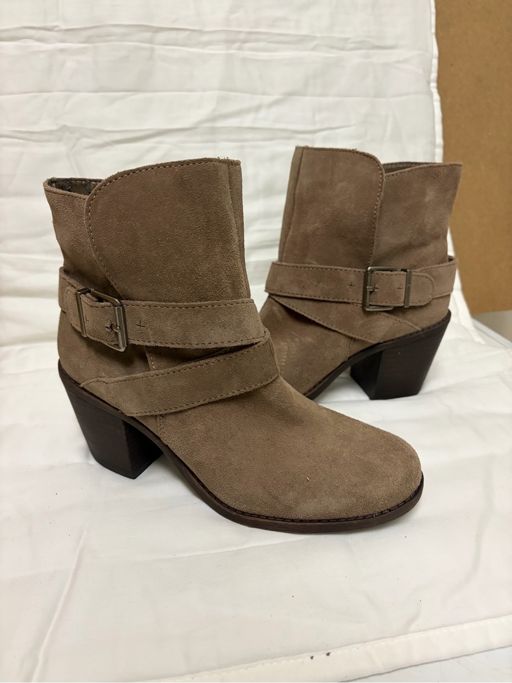 BCBGeneration Taupe Suede Ankle Booties with Buckle Detail